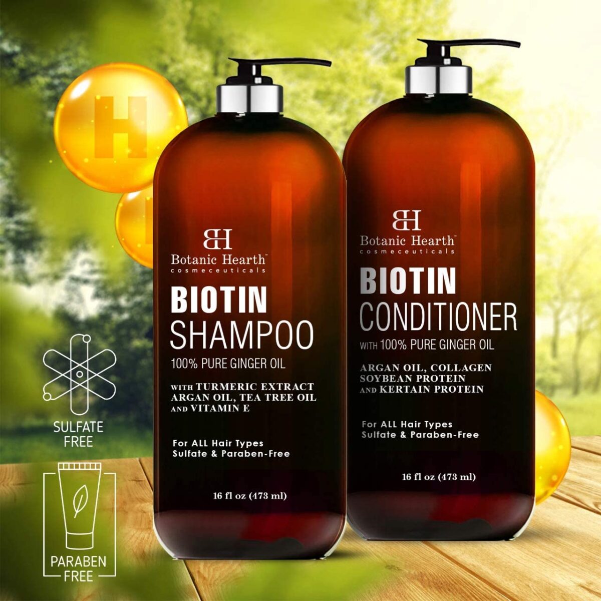 BOTANIC HEARTH Biotin Shampoo and Conditioner Set with Ginger Oil & Keratin, Fights Hair Loss, Sulfate Free,16 fl oz Each