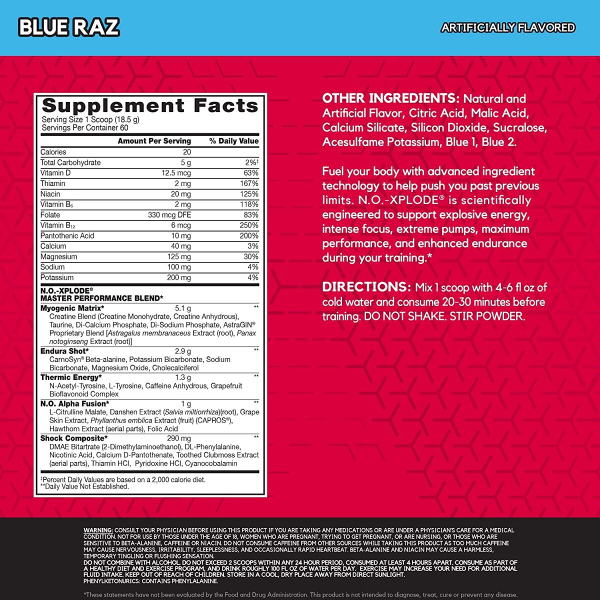 BSN N.O.-XPLODE Pre-Workout Supplement with Creatine, Beta-Alanine, and Energy, Flavor Blue Raz, 60 Servings