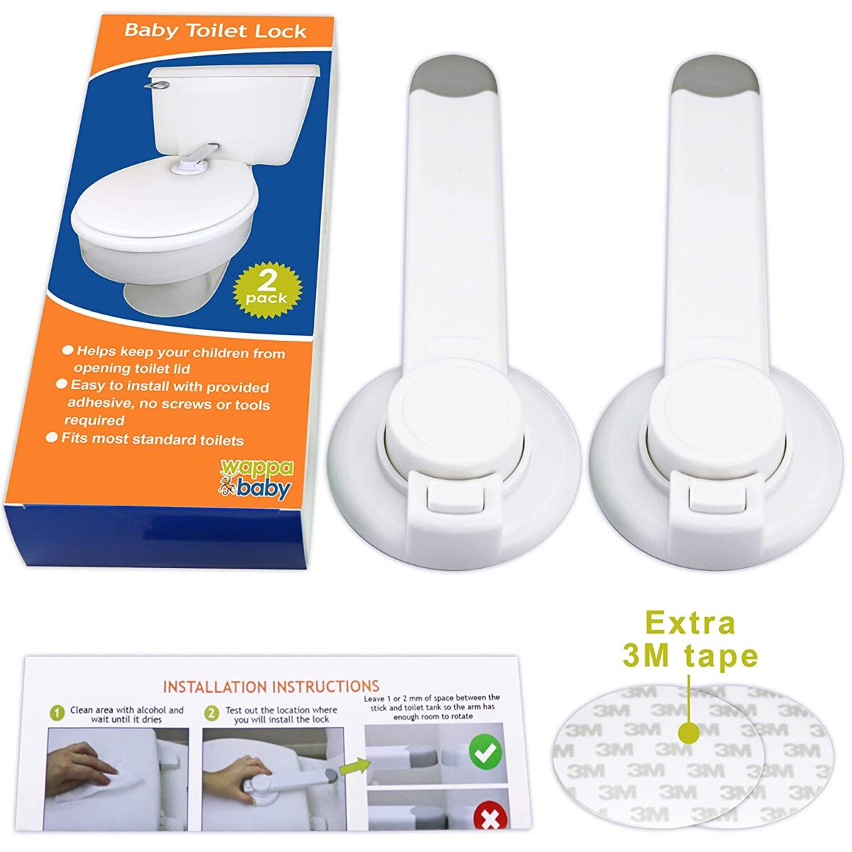 Baby Toilet Lock (2 Pack) Ideal Baby Proof Toilet Lid Lock with Arm, Top Safety Toilet Seat Lock White