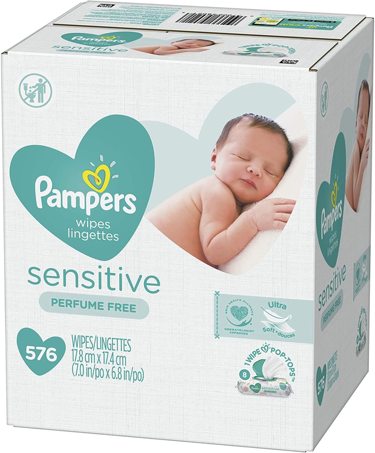 Baby Wipes, Pampers Sensitive Water Based Baby Diaper Wipes, Hypoallergenic and Unscented, 8 Pop-Top Packs, 576 Total Wipes