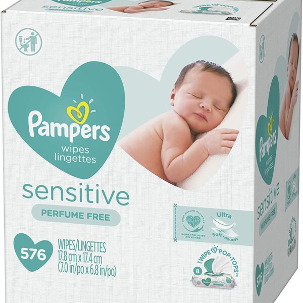 Baby Wipes, Pampers Sensitive Water Based Baby Diaper Wipes, Hypoallergenic and Unscented, 8 Pop-Top Packs, 576 Total Wipes
