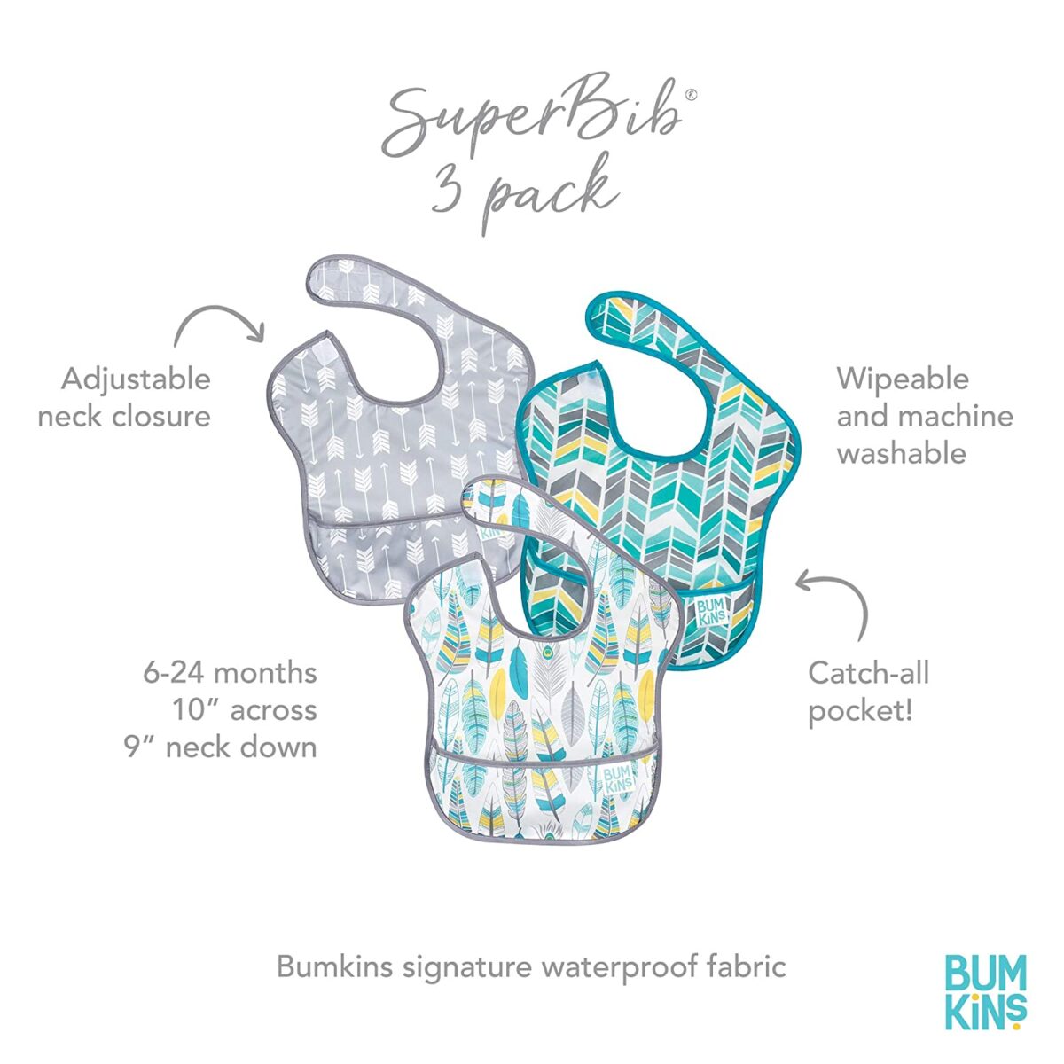 Bumkins SuperBib, Baby Bib, Waterproof, Washable, Stain and Odor Resistant, 6-24 Months, 3-Pack