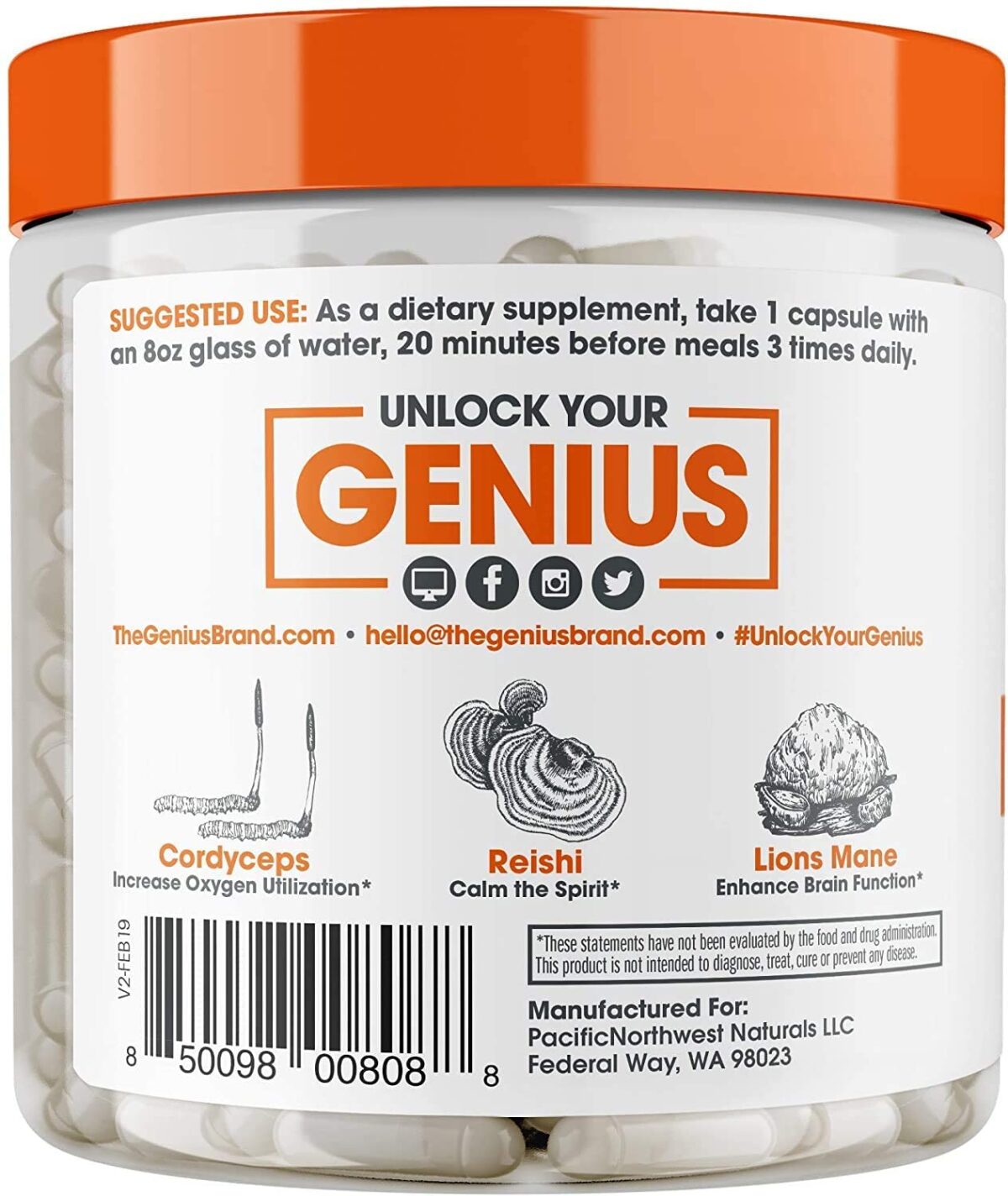 Genius Mushroom Lions Mane, Immune System Booster & Nootropic Brain Supplement, 90 Veggie Capsules