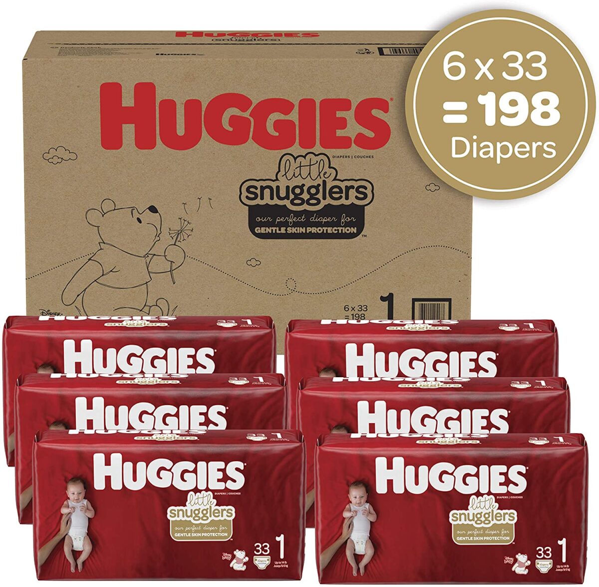 Huggies Little Snugglers Baby Diapers Size 1, 198 Count, up to 14 Ib