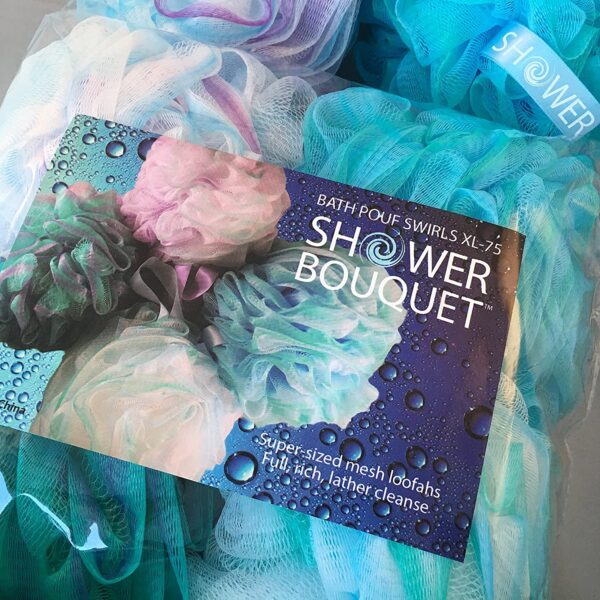 Loofah Bath-Sponge Swirl-Set-XL-75g by Shower Bouquet Extra-Large Mesh Pouf (4 Pack Color Swirls) Luffa Loofa Loufa Puff Scrubber