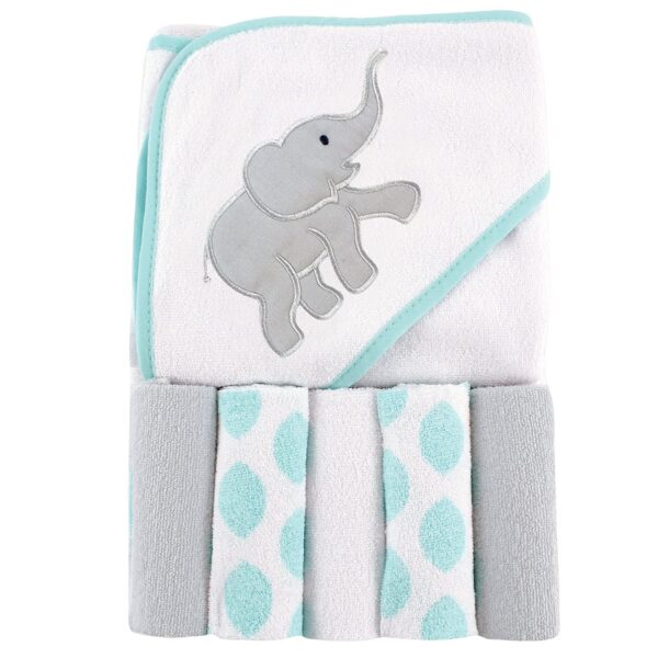 Luvable Friends Unisex Baby Hooded Towel with Five Washcloths, Ikat Elephant