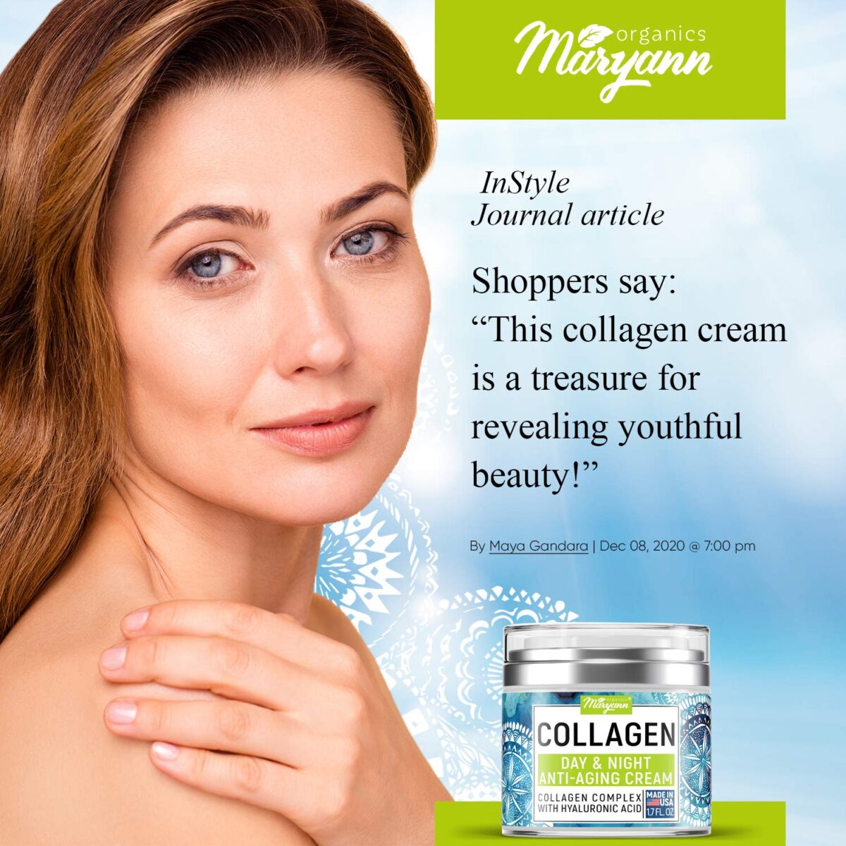 Maryann Organics Collagen Cream, Anti Aging Face Moisturizer, Day & Night, Natural Formula with Hyaluronic Acid & Vitamin C 1.7Oz