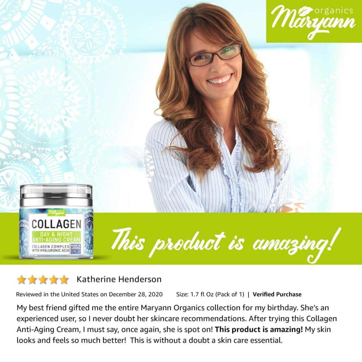 Maryann Organics Collagen Cream, Anti Aging Face Moisturizer, Day & Night, Natural Formula with Hyaluronic Acid & Vitamin C 1.7Oz