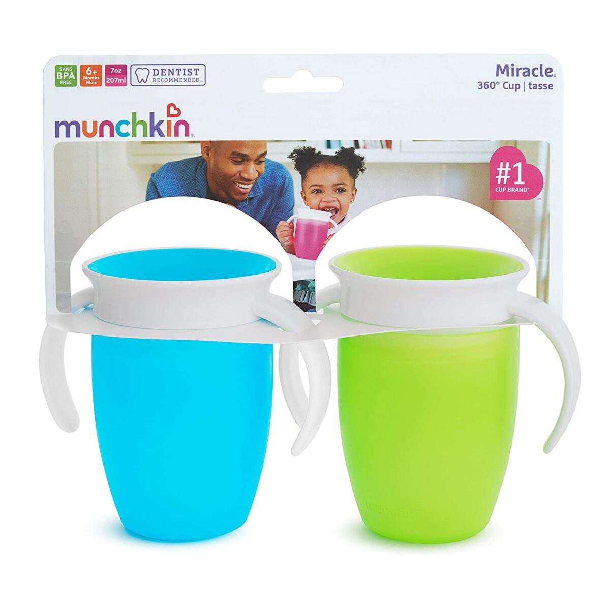 Munchkin Miracle 360 Trainer Cup, Green, Blue, 7 Oz, 2 Count