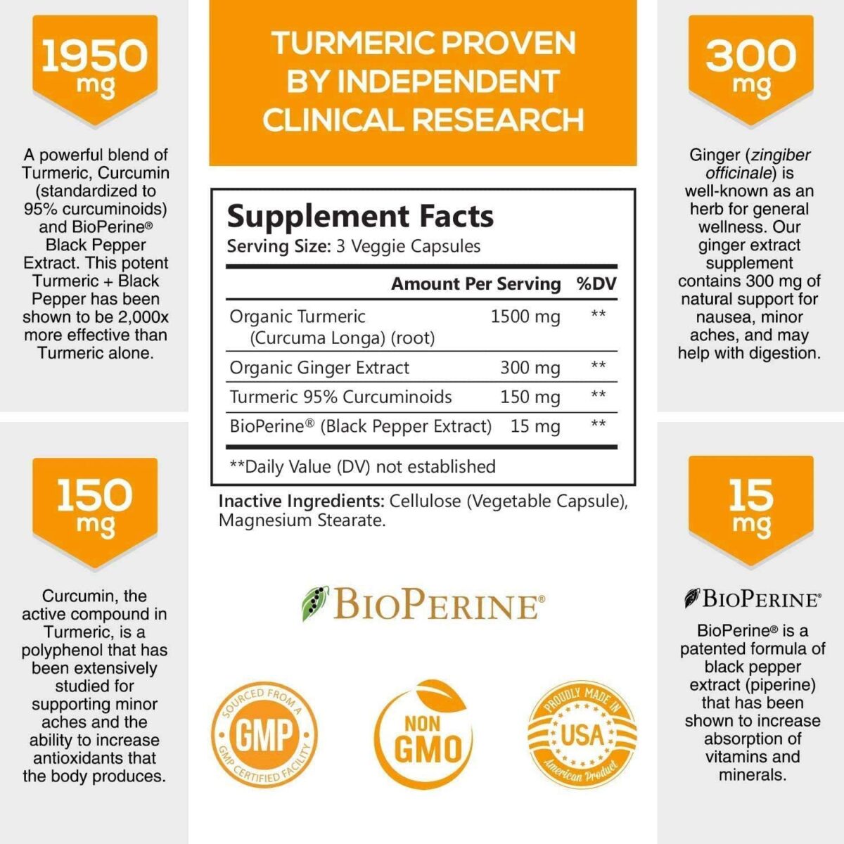 Natures Nutrition Turmeric Curcumin with BioPerine & Ginger 95% Curcuminoids 1950mg 120 Capsules