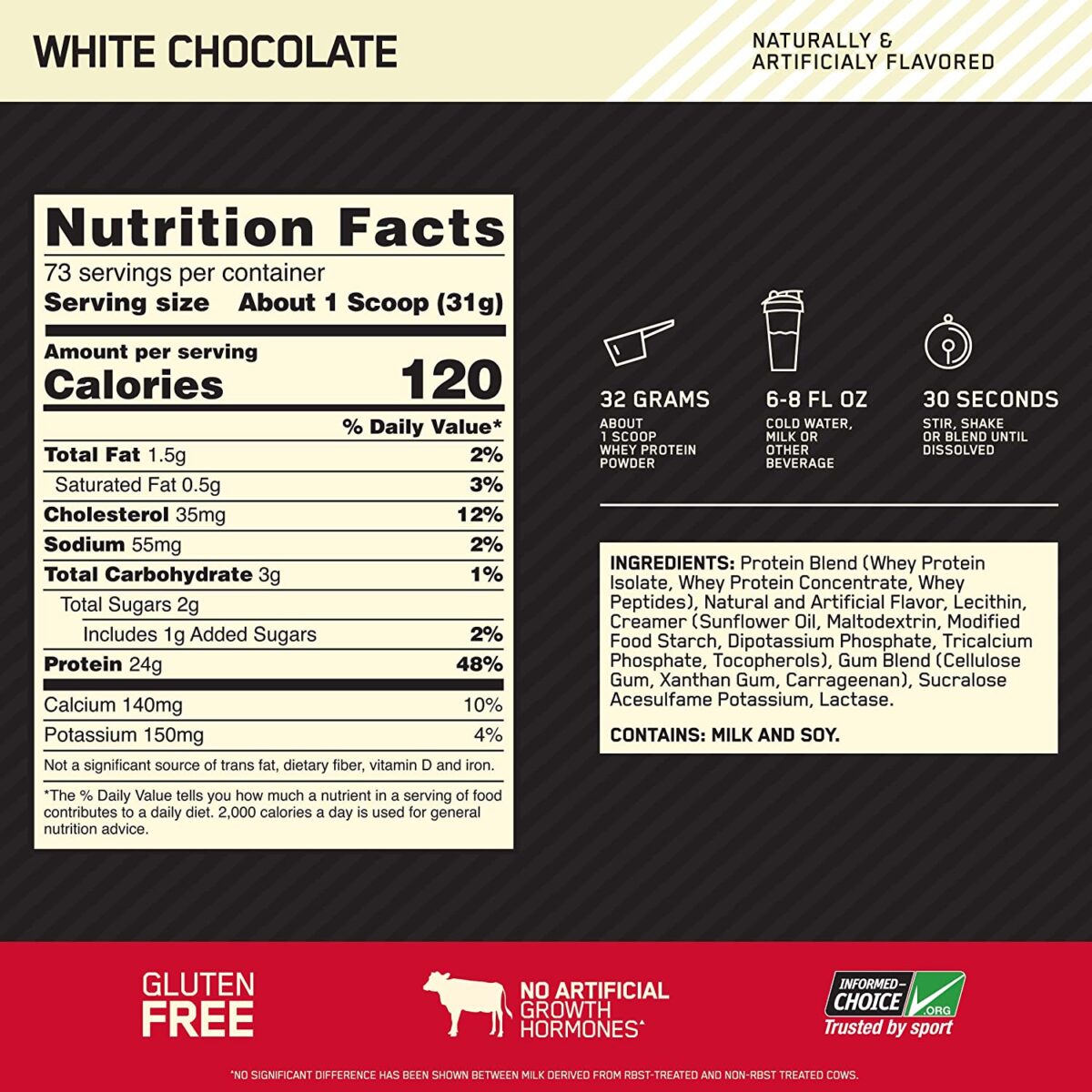 Optimum Nutrition Gold Standard 100% Whey Protein Powder, White Chocolate, 5 Pound